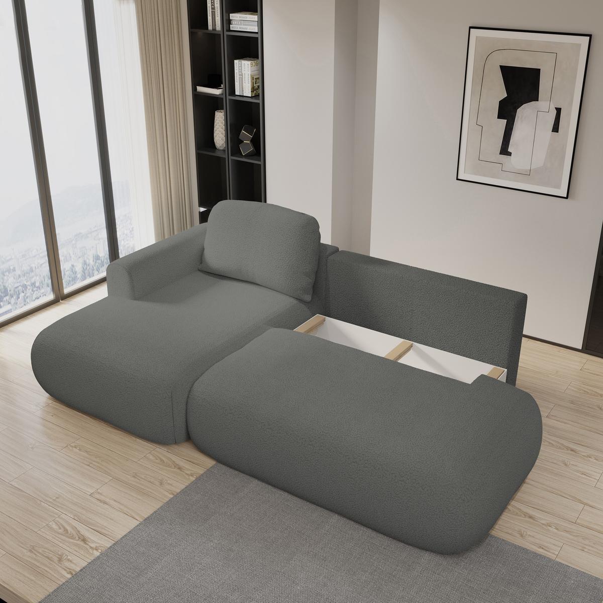 ECKSOFA NUVIRA L-S Grau Boucle-Stoff mit Schlaffunktion - Grau, Holz (279/158cm) - MASSENO