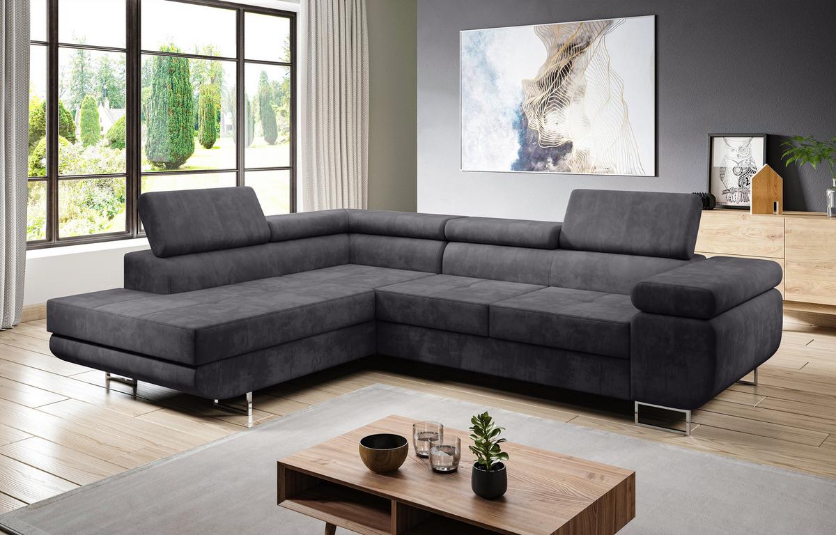 ECKSOFA L Form Kanya Hellgrau 275/202/90 cm – Sofa mit Bettfunktion & Stauraum L - Silberfarben/Grau, Textil/Metall (202/275cm) - AX Living