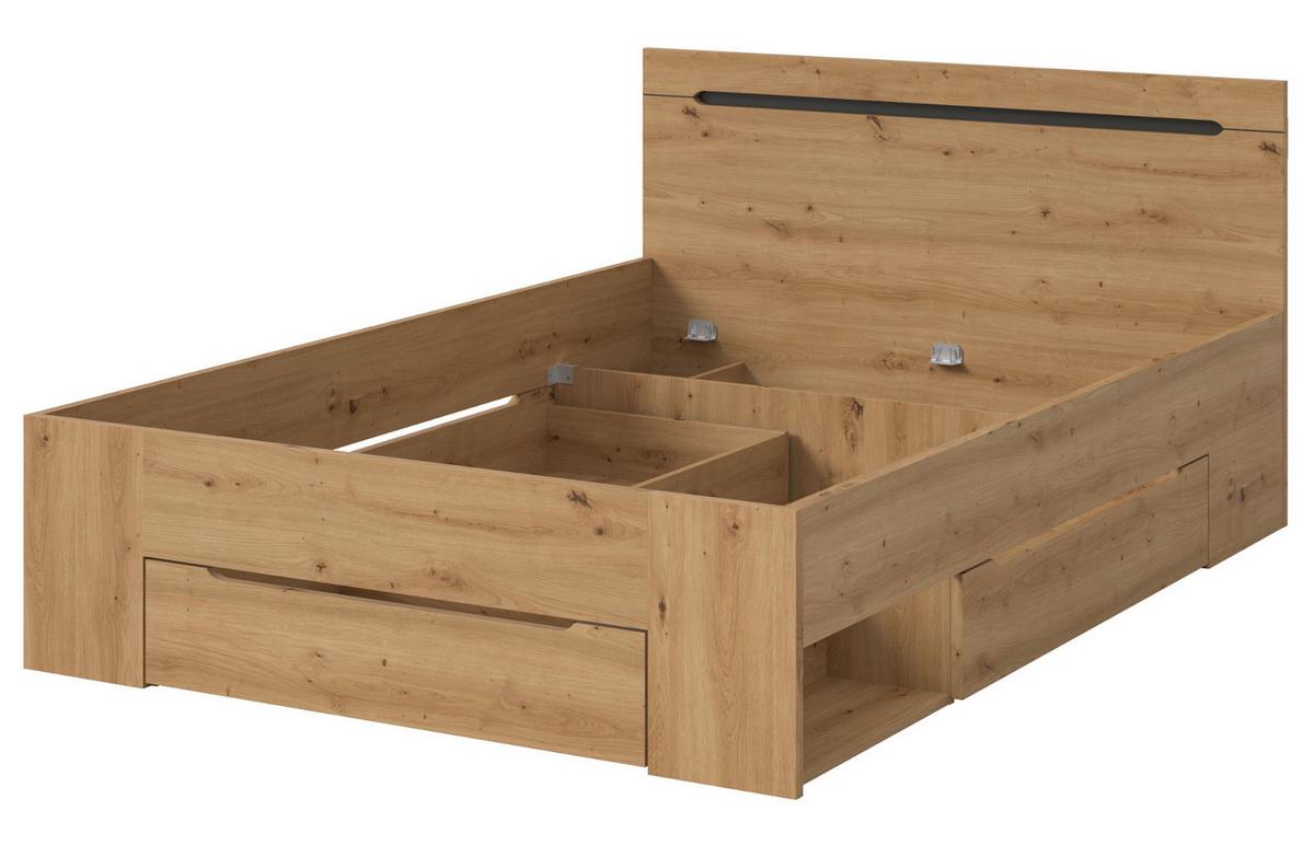 BETT Eiche, grau Liegefläche 140 x 200 cm, Stauraumbett mit 3x Bettschubkasten - Eiche Artisan/Grau, Holzwerkstoff/Metall - Inn.Furn
