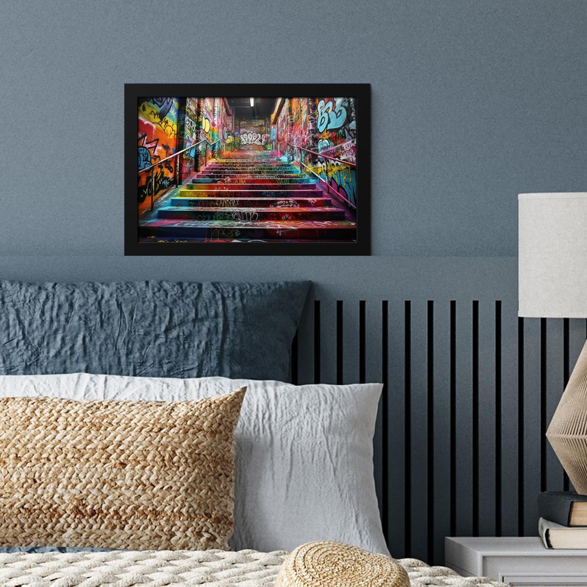 POSTER MIT RAHMENGERAHMTES BILD Treppe - Graffiti - Farben - Kunst 30x20 cm - Multicolor, Papier (30/20cm) - MuchoWow