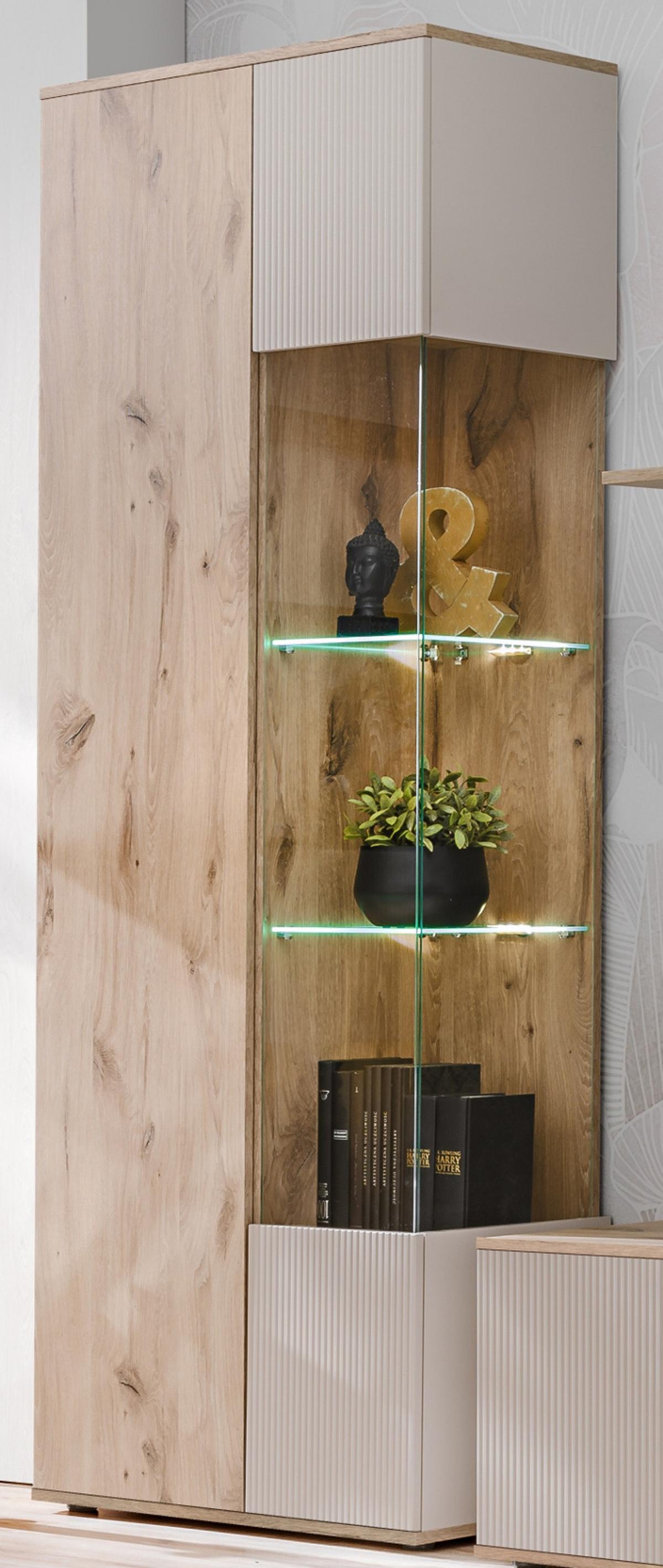VITRINE Eiche, Kaschmir 70 x 197 cm, Vitrinenschrank inklusive LED-Beleuchtung - Kaschmir/Eichefarben, Glas/Holzwerkstoff (70/197/40cm) - Inn.Furn