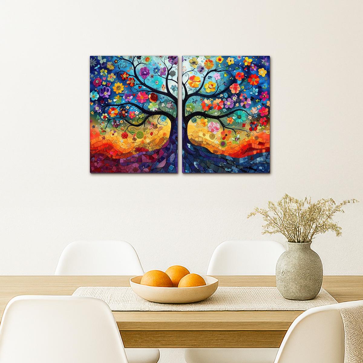 LEINWANDBILD 2er Set Bunt - Baum des Lebens - Blumen - Abstrakt 60x40 cm - Blau, Textil (60/40cm) - MuchoWow