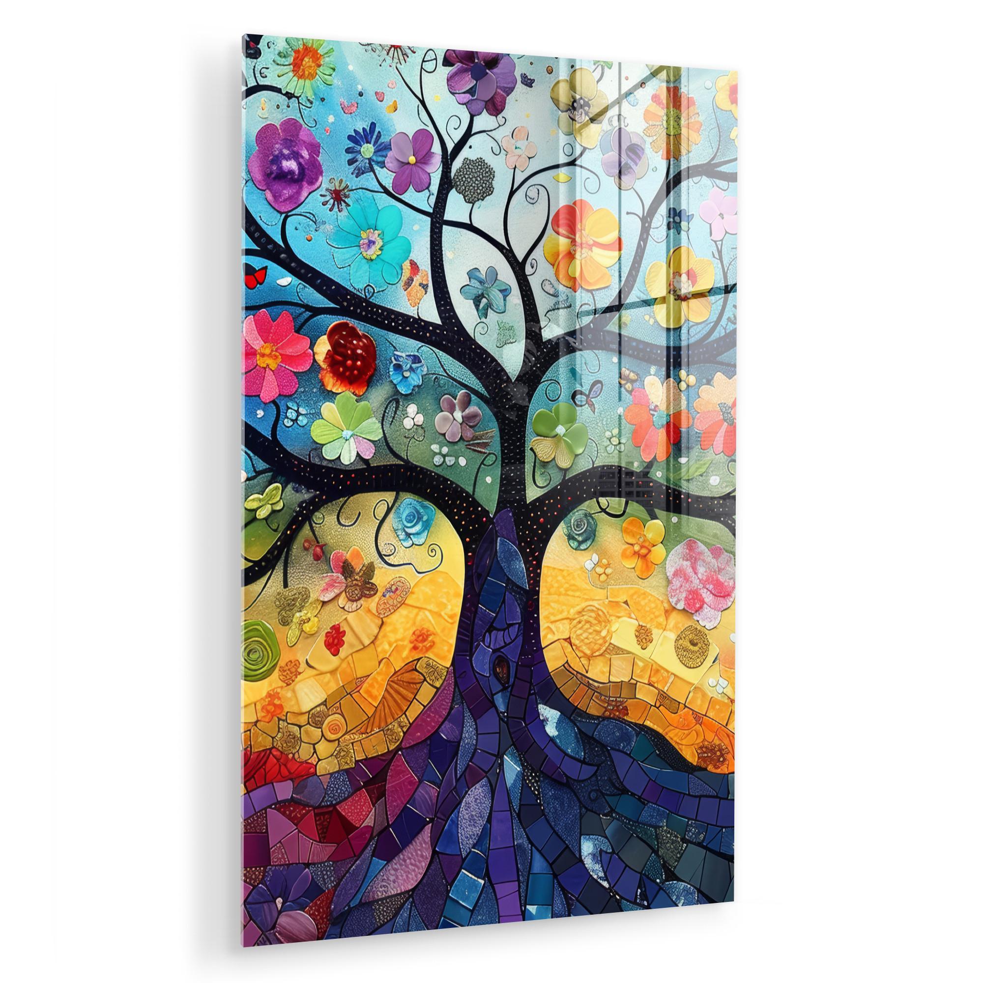 ACRYLGLASBILD Kunst - Baum des Lebens - Blumen - Hippie Wanddeko Wohnzimmer 40x60 cm - Dunkelblau, Glas (40/60cm) - MuchoWow