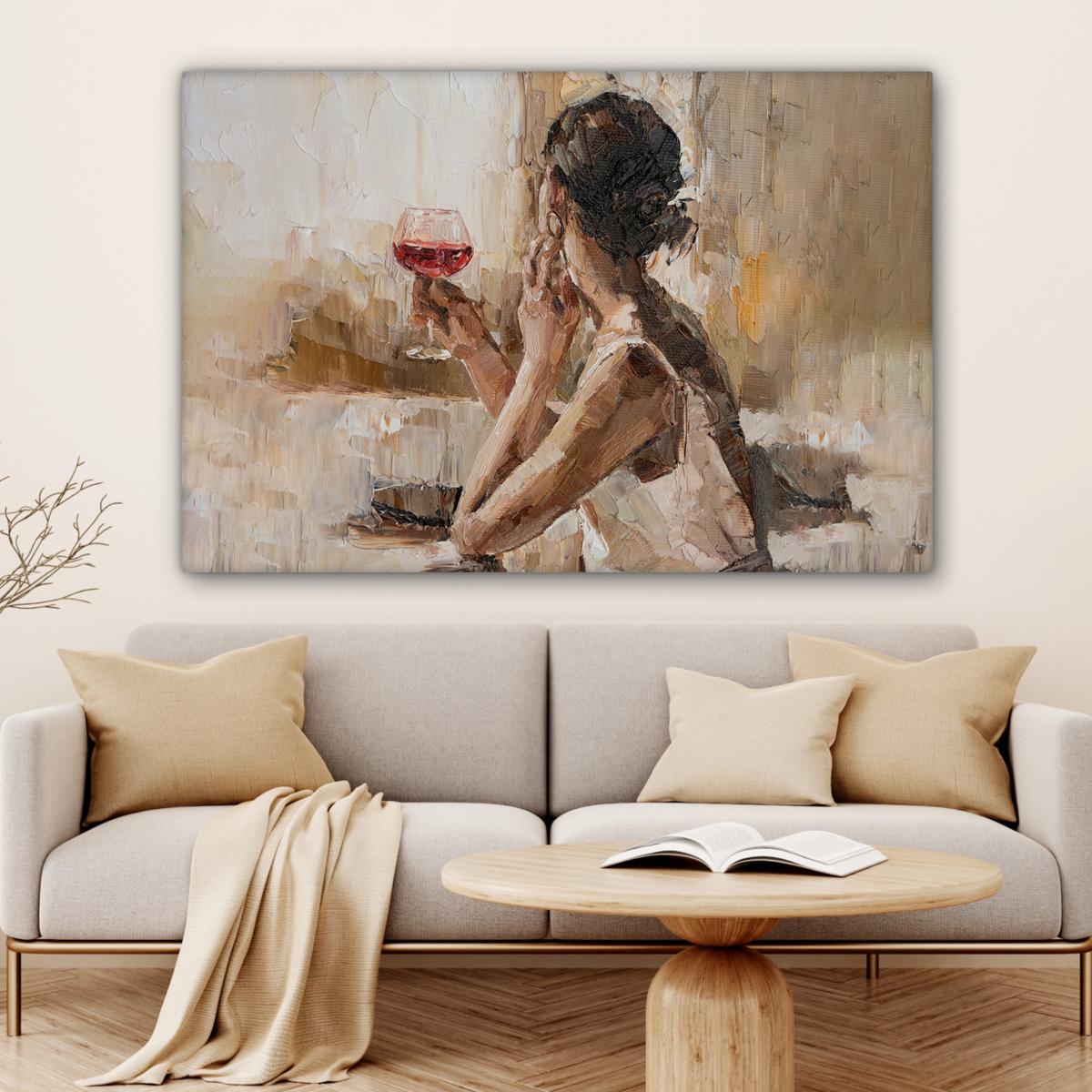 LEINWANDBILD Ölgemälde - Frau - Wein XXL 150x100 cm - Hellbraun, Textil (150/100cm) - MuchoWow