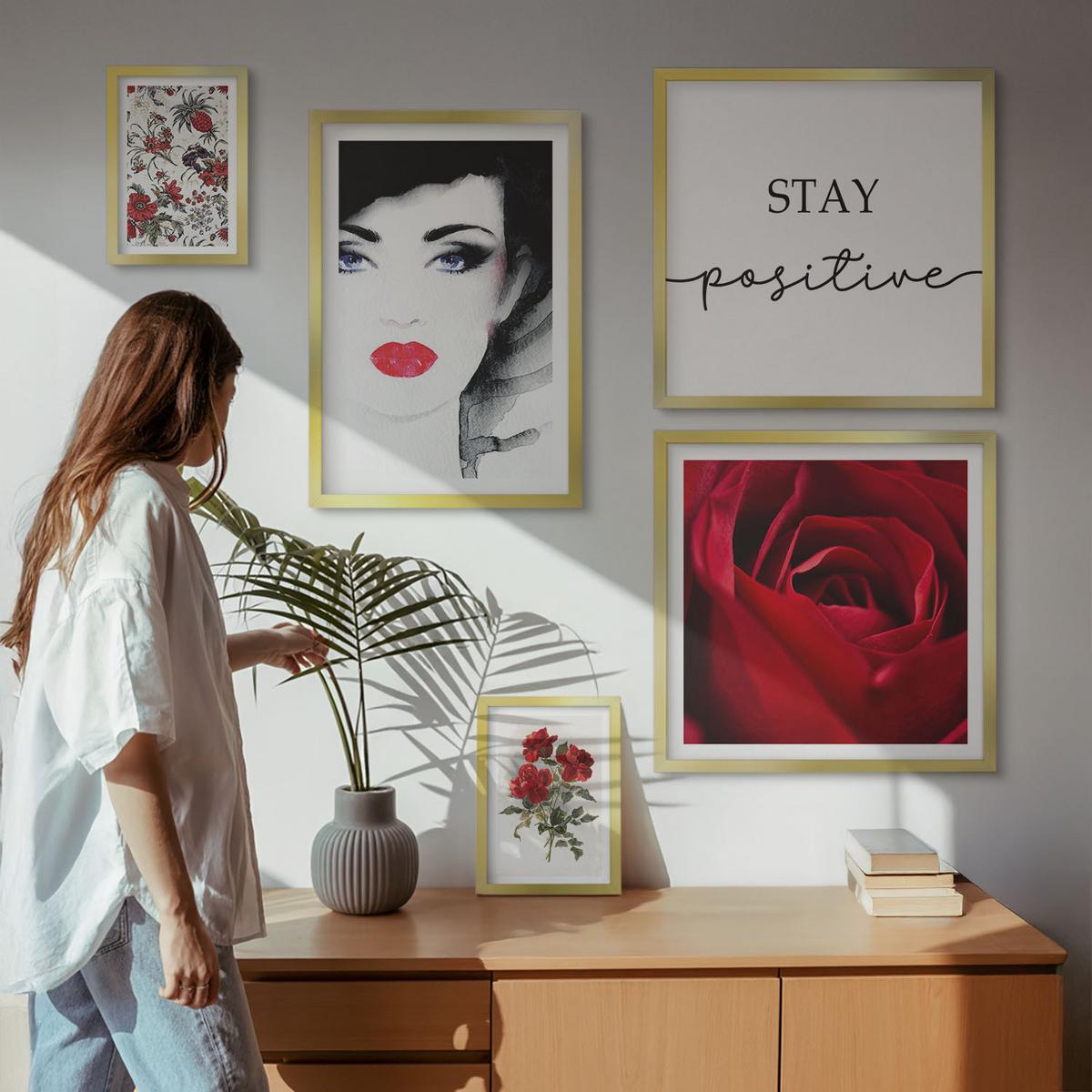 BILDER SET 5er Set - 50x50 cm & 20x30 cm & 40x60 cm Goldrahmen - Inschrift mit roten Rosen - Goldfarben, Kunststoff (40/60cm) - TULUP
