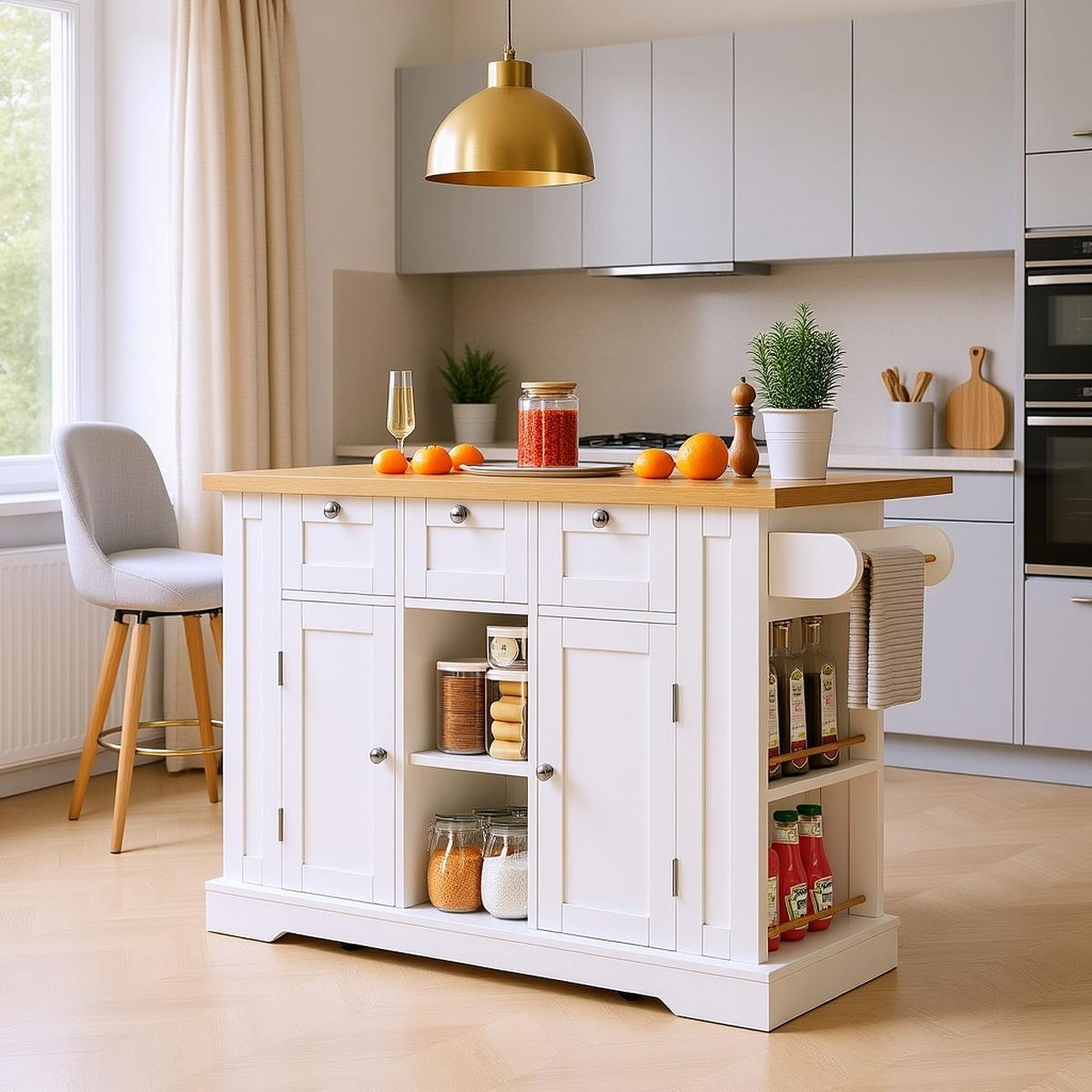 KÜCHENINSEL mit Stauraum, USB & Steckdosen, klappbare Arbeitsplatte - Weiß, Holzwerkstoff/Metall (132/87/70cm) - Urban Meuble