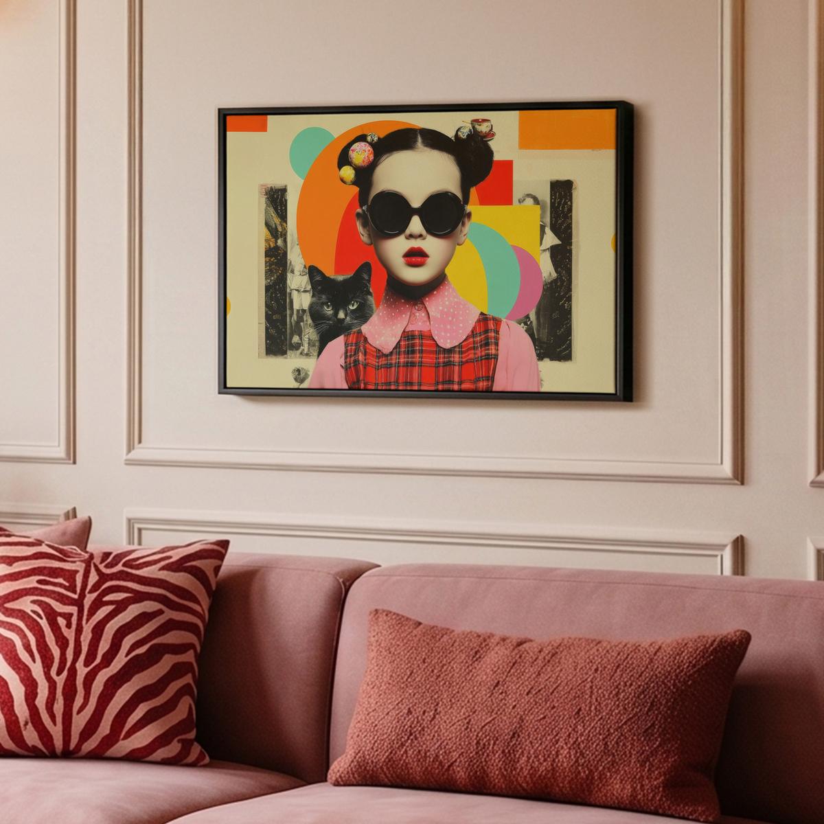 LEINWAND Bilder mit Rahmen - Mädchen - Sonnenbrille - Katze - Retro - 60x40 - Beige, Textil (60/40cm) - MuchoWow