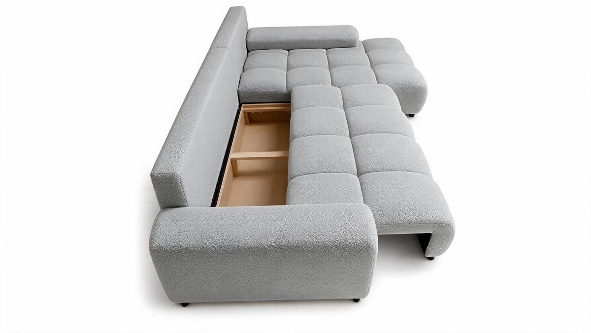 ECKSOFA Ovia mit Bettkasten und Schlaffunktion, Bouclé-Stoff in L-Form - Hellgrau, Textil (270/185cm)