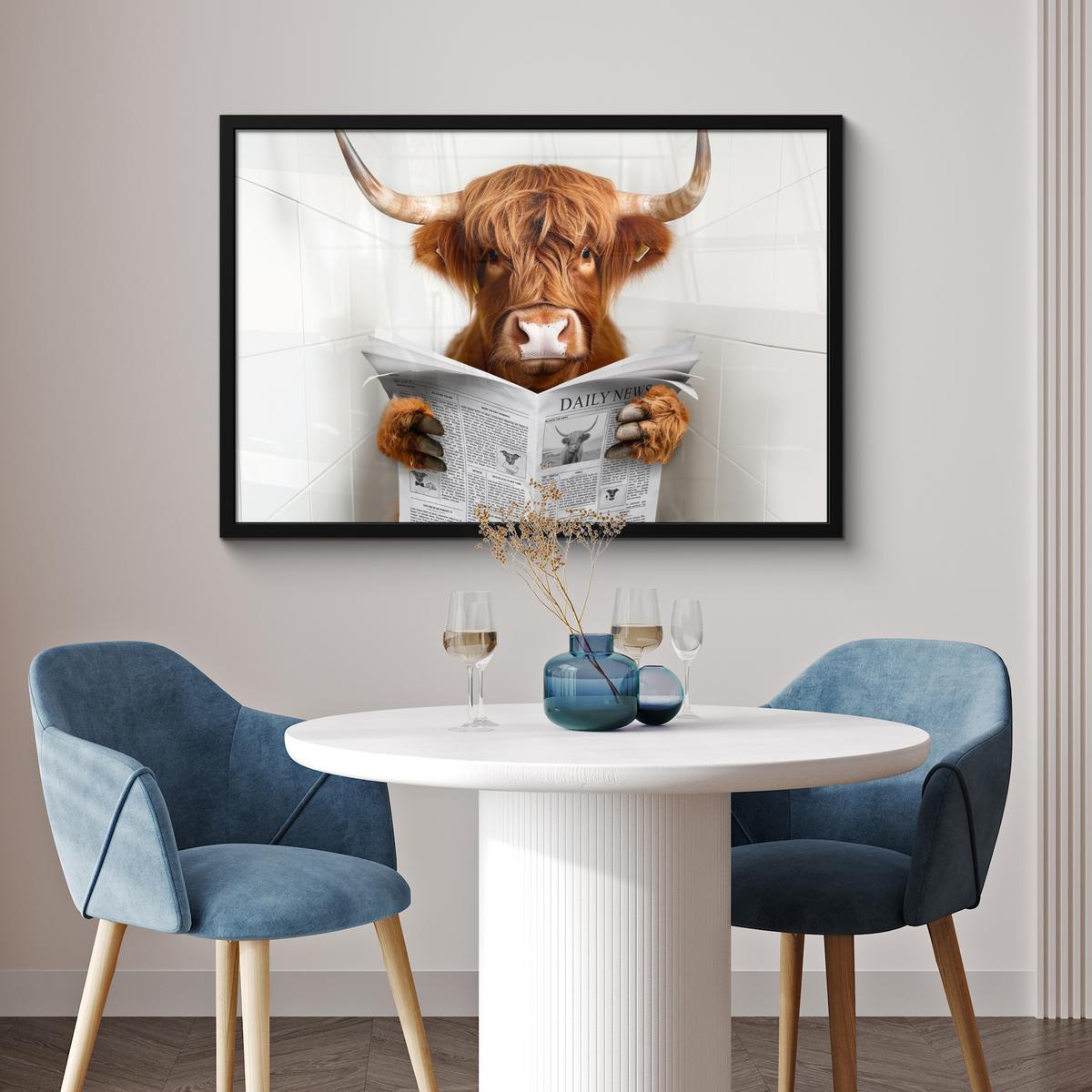 POSTER MIT RAHMENGERAHMTES BILD Schottischer Highlander - Tier - Zeitung - Toilette 90x60 cm - Kastanienfarben, Papier (90/60cm) - MuchoWow