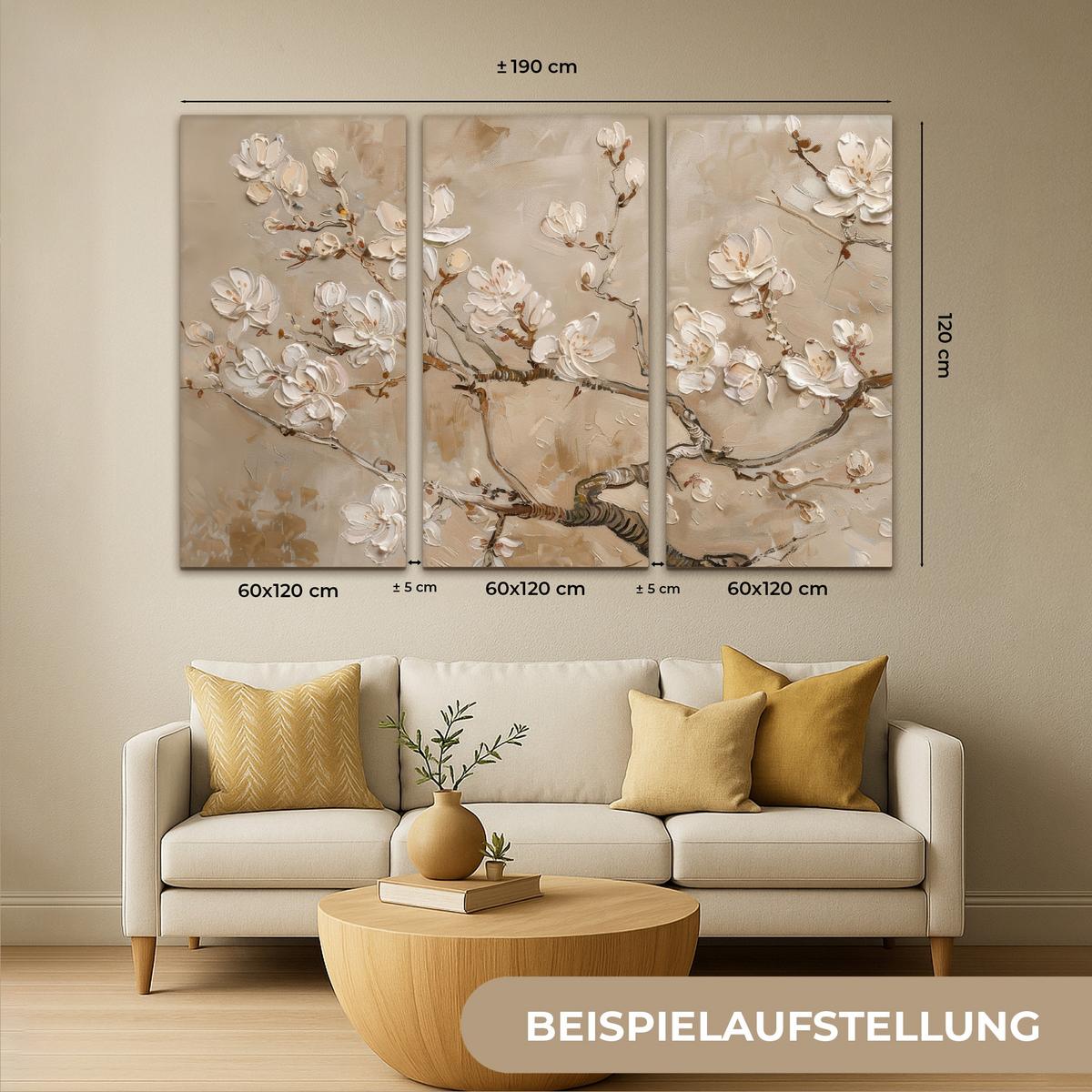 LEINWANDBILD 3er Set Beige - Blüte - Modern 180x120 cm - Beige, Textil (180/120cm) - MuchoWow