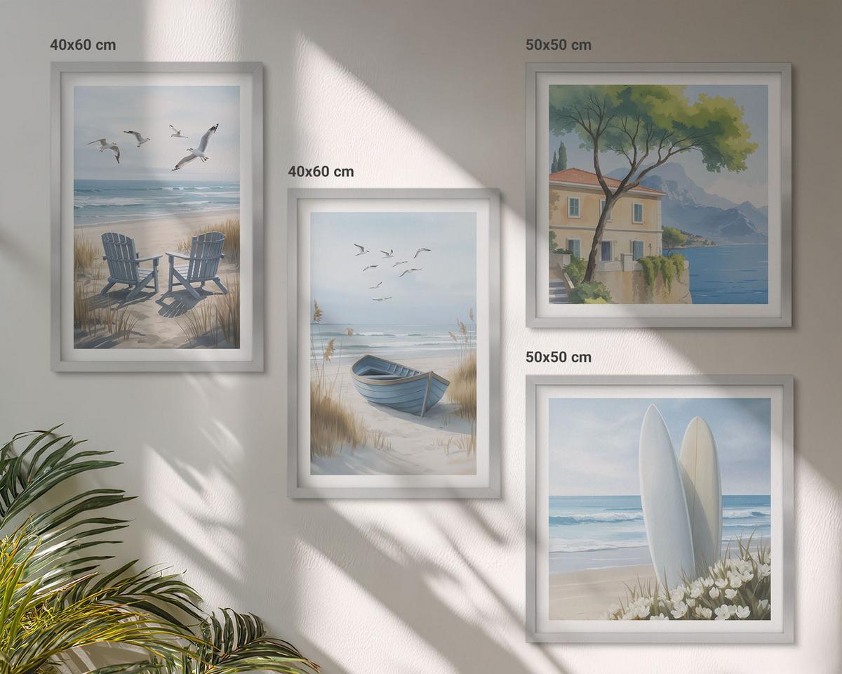 BILDER SET 4er Set - 50x50 cm & 40x60 cm Silberner Rahmen - Strandbretter, Surfboote, Vögel - Silberfarben, Kunststoff (50/50cm) - TULUP