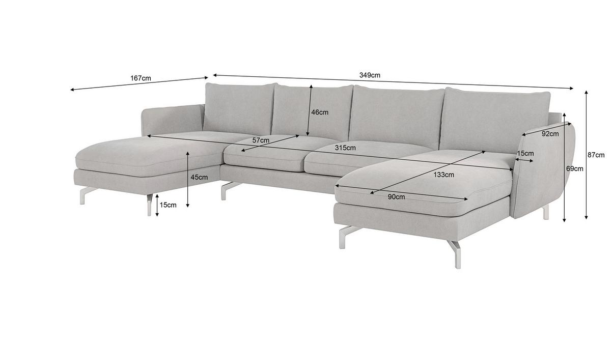 WOHNLANDSCHAFT Elou Silber Luxusmicrofaser - Chromfarben/Silberfarben, Textil/Metall (349/87/167cm) - S-Style Möbel