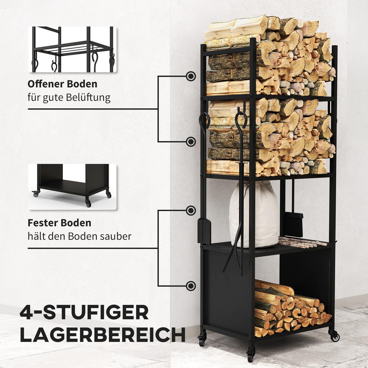 KAMINHOLZREGAL bis 60 kg - Schwarz, Metall (30/118/45cm) - Outsunny