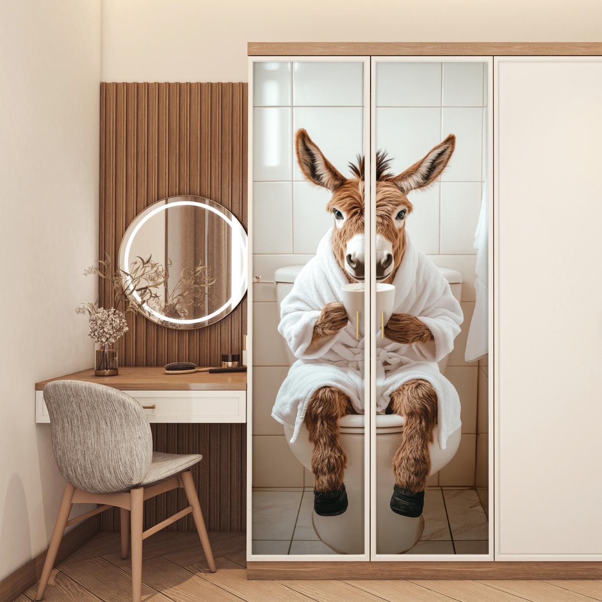 TÜRAUFKLEBER Esel - WC - Lustig - Bademantel - Tier 90x215 cm - Türtapete - Beige, Kunststoff (90/0.1cm) - MuchoWow
