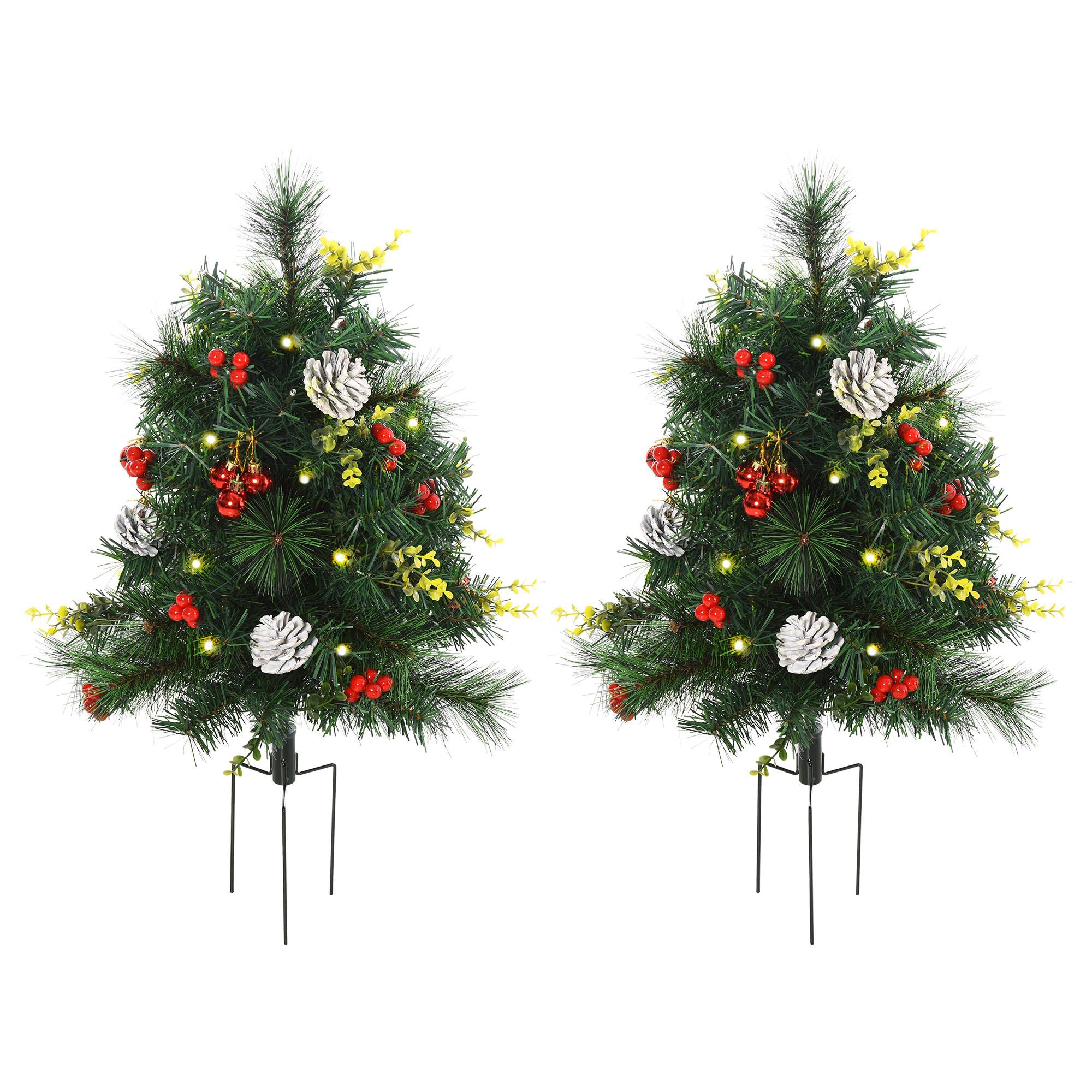 2-ER Set Weihnachtsbäume Mini Künstlicher Christbaum mit rote Beere LED IP44 - Grün, Kunststoff (75cm) - HOMCOM