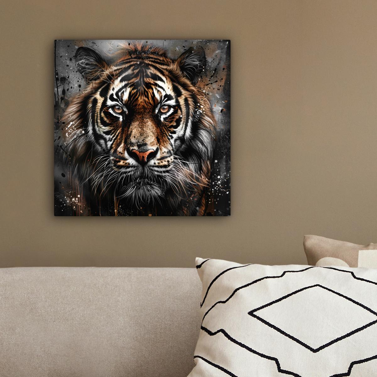 LEINWANDBILD Tiger - Tiere - Porträt - Luxus - Schwarz Deko Wohnzimmer 20x20 cm - Anthrazit, Textil (20/20cm) - MuchoWow