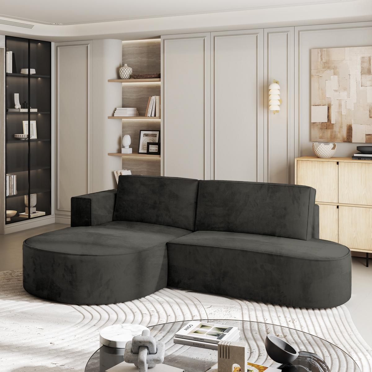 ECKSOFA CORTIO M L-S Schwarz Velours-Stoff mit Schlaffunktion - Schwarz/Grau, Holz/Kunststoff (265/174cm) - MASSENO