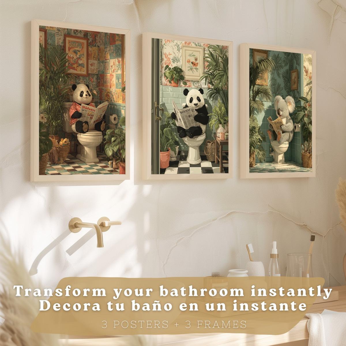 POSTER 3er-Set lustige Badezimmer-Drucke, Panda- und Koala-Tiermotive für Toilette, witziges für Toilette, Vintage-Botanik-Stil Leichter Holzrahmen A3 - Beige, Papier (42/29.7/3cm) - Nacnic