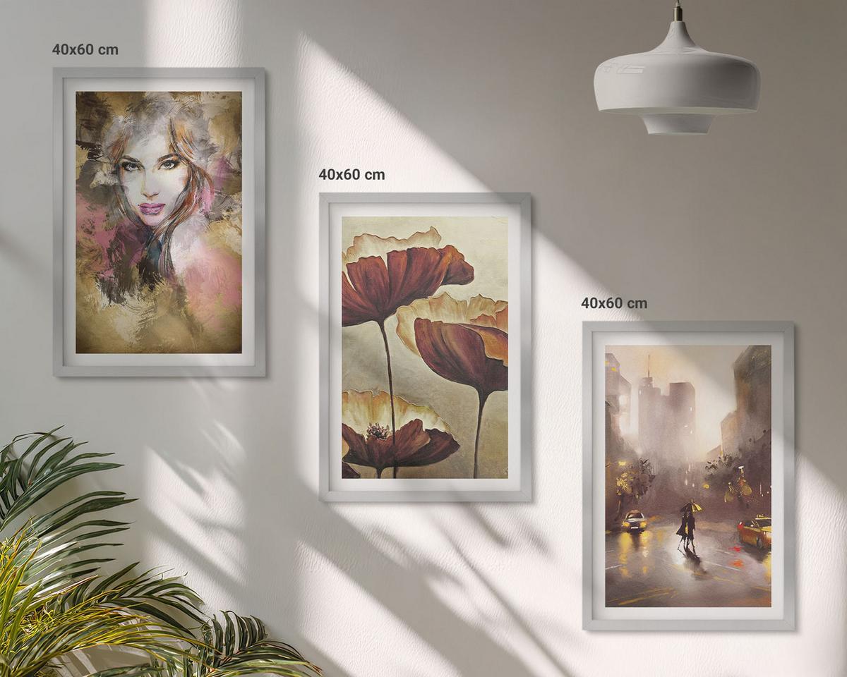 BILDER SET 3er Set - 40x60 cm Silberner Rahmen - Abstraktes Porträt einer Frau mit Blumen und Regen - Silberfarben, Kunststoff (40/60cm) - TULUP