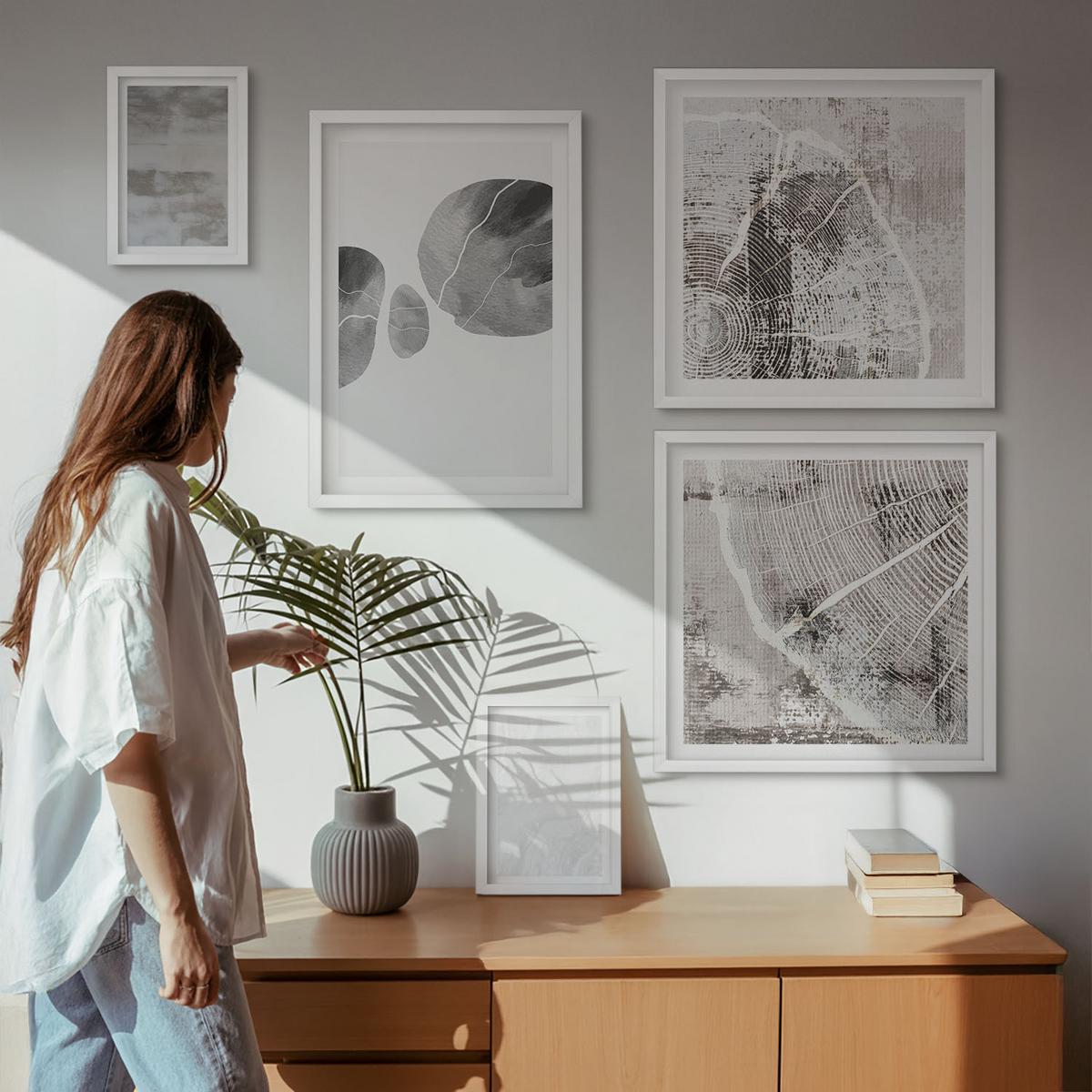 BILDER SET 5er Set - 50x50 cm & 20x30 cm & 40x60 cm Weißer Rahmen - Abstrakte moderne Formen - Weiß, Kunststoff (40/60cm) - TULUP