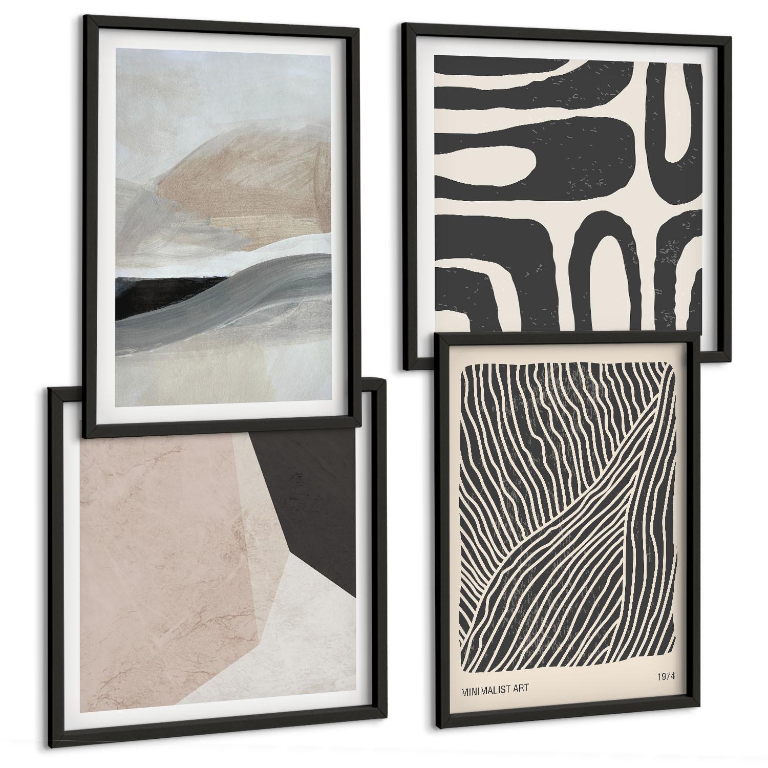BILDER SET 4er Set - 50x50 cm & 40x60 cm Schwarzer Rahmen - Abstrakte Boho-Dekorationsmuster - Schwarz, Kunststoff (50/50cm) - TULUP