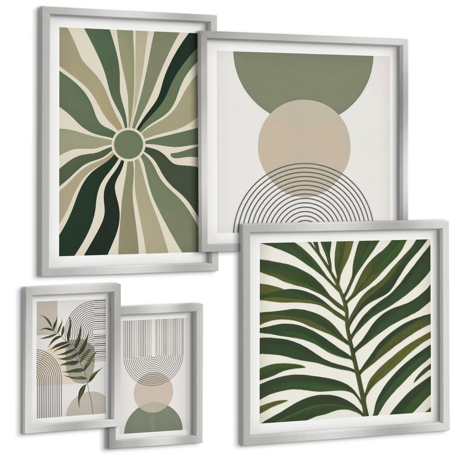 BILDER SET 5er Set - 50x50 cm & 20x30 cm & 40x60 cm Silberner Rahmen - Abstrakte Blätter im Boho-Stil - Silberfarben, Kunststoff (40/60cm) - TULUP