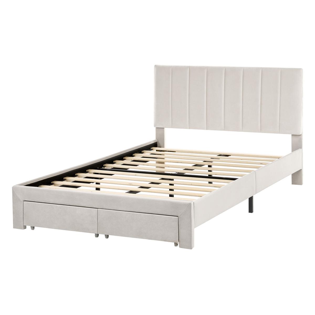BETT mit Schubladen 120/200 cm Samtstoff Cremeweiß Lonzac - Creme, Textil (120/200cm) - Beliani