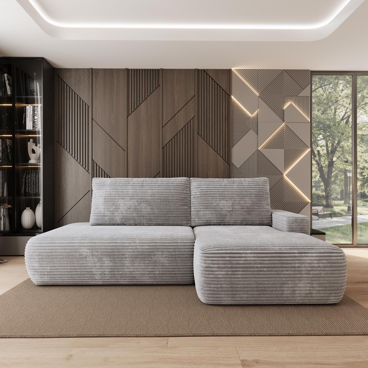 ECKSOFA AVINI T R-S Hellgrau Kordstoff mit Schlaffunktion - Hellgrau, Holzwerkstoff/Textil (277/160cm) - MASSENO