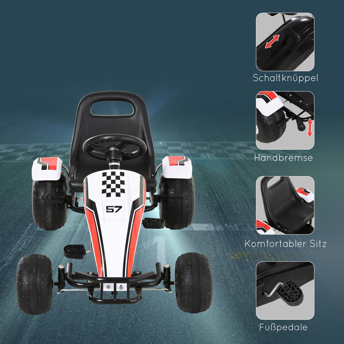 GO Kart Mit Pedal Kinderfahrzeug Tretauto mit Pedal für 3-6 Jahre Stahl Weiß - Weiß, Metall (104/66/57cm) - HOMCOM