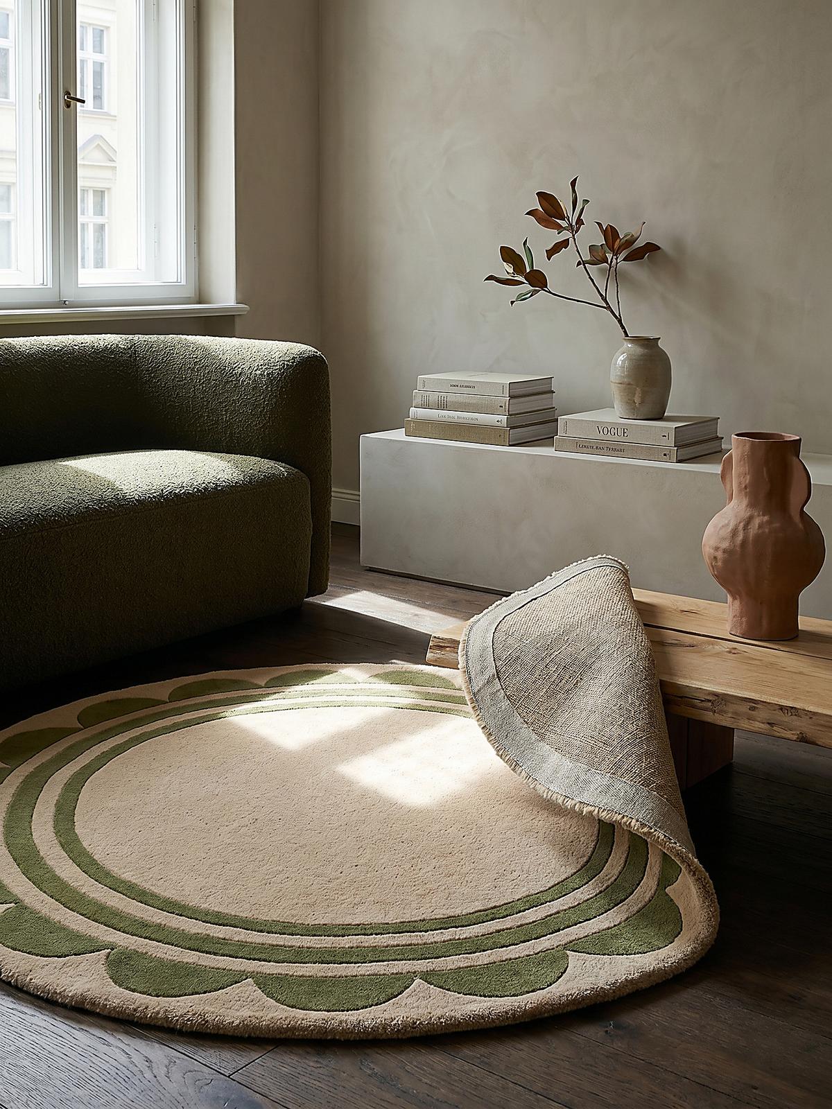 WOLLTEPPICH WENSUM, mit grafischem Muster mit Rahmen, Grün-Beige, Ø 120 cm - Grün, Textil (120/120cm) - KADIMA DESIGN