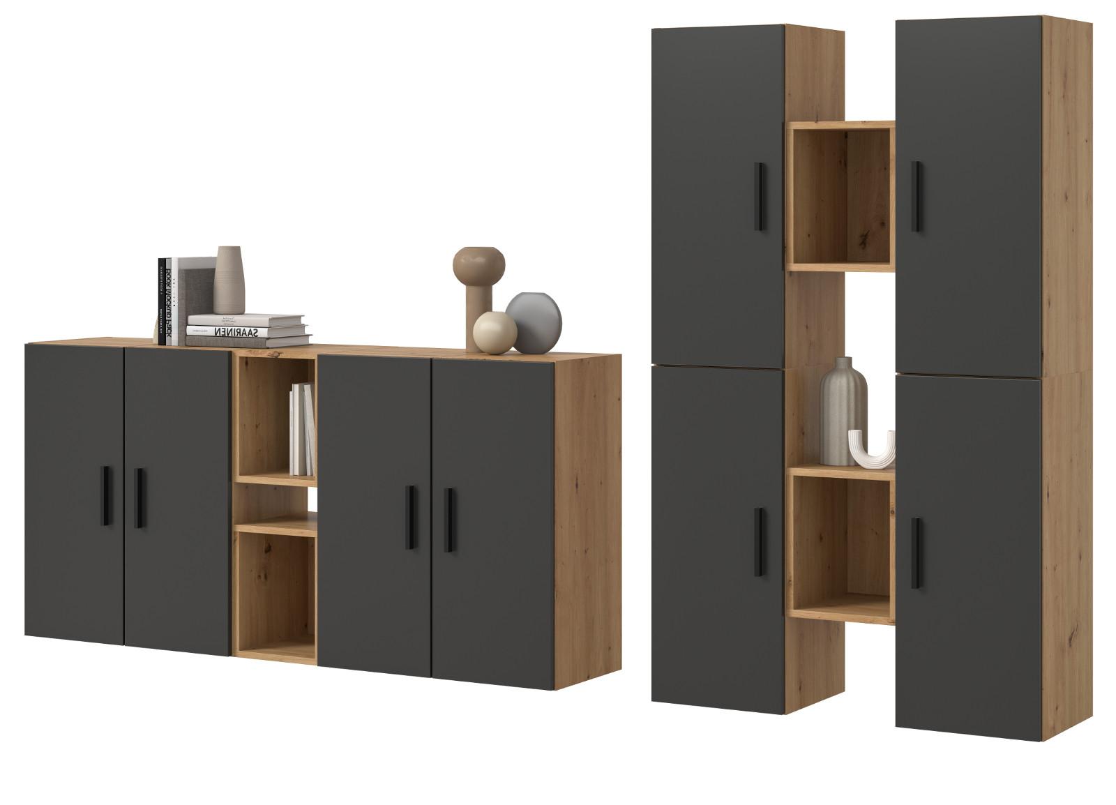 WOHNWAND grau, Eiche Artisan 259 x 184 cm, Wohnkombination hängend / stehend - Schwarz/Eiche Artisan, Holzwerkstoff/Kunststoff (259/151/34cm) - Inn.Furn