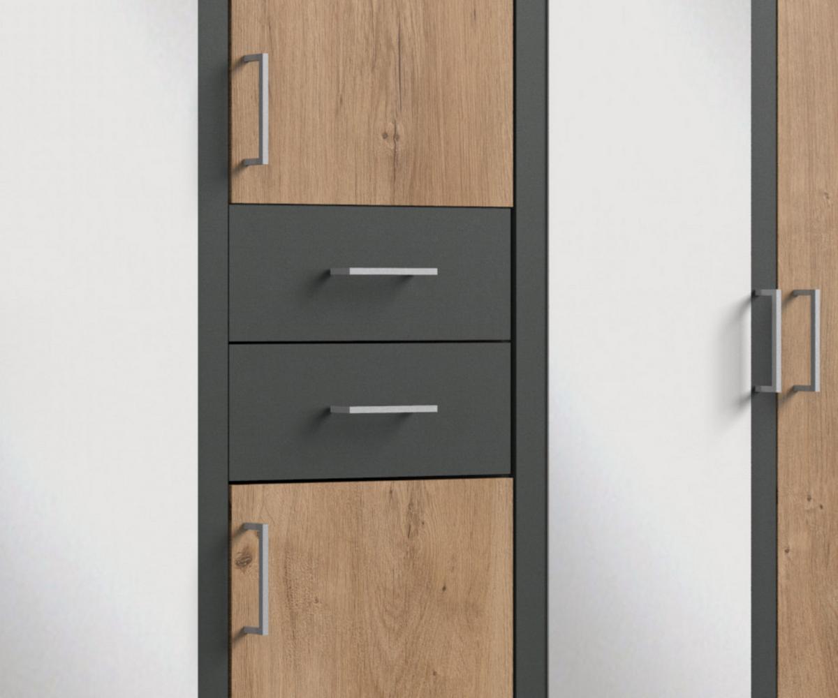 DREHTÜRENSCHRANK B225/H208/T58 cm, Eiche Dekor mit Absetzungen in Grafit, Kleiderschrank mit 2 Spiegeltüren & Schubkästen / 22592 - Eichefarben/Silberfarben, Holzwerkstoff/Kunststoff (225/208/58cm) - luma-home
