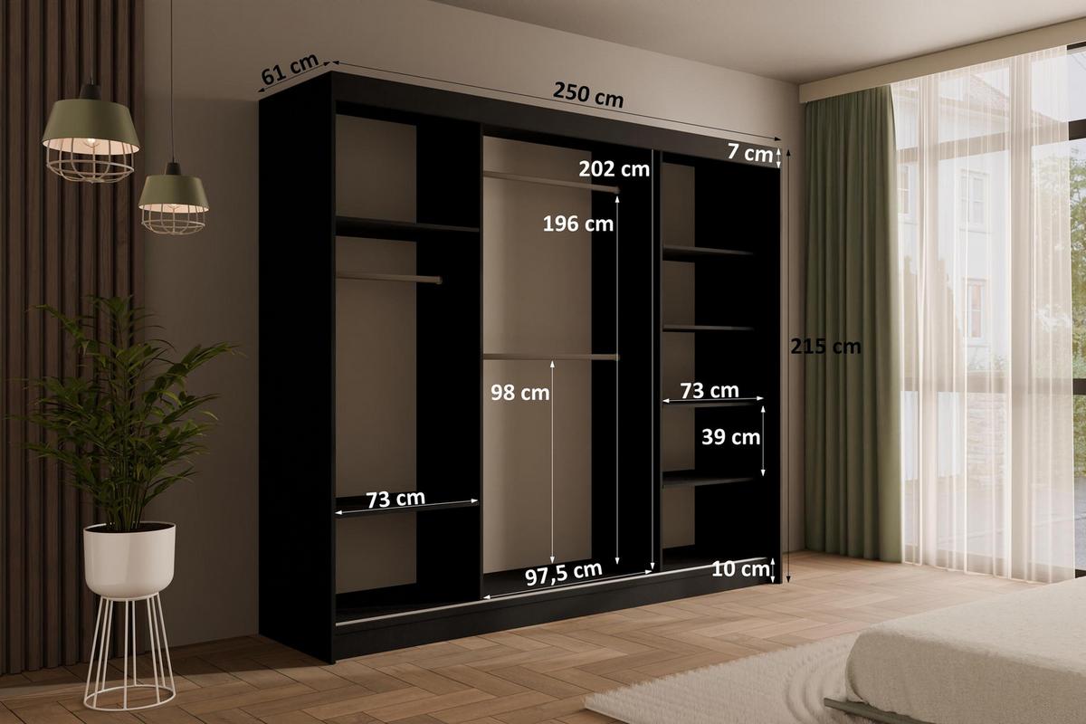 KLEIDERSCHRANK PEKA - 250 cm - Schwarz - Schwarz, Holzwerkstoff (250/215/61cm) - ALTDECOR