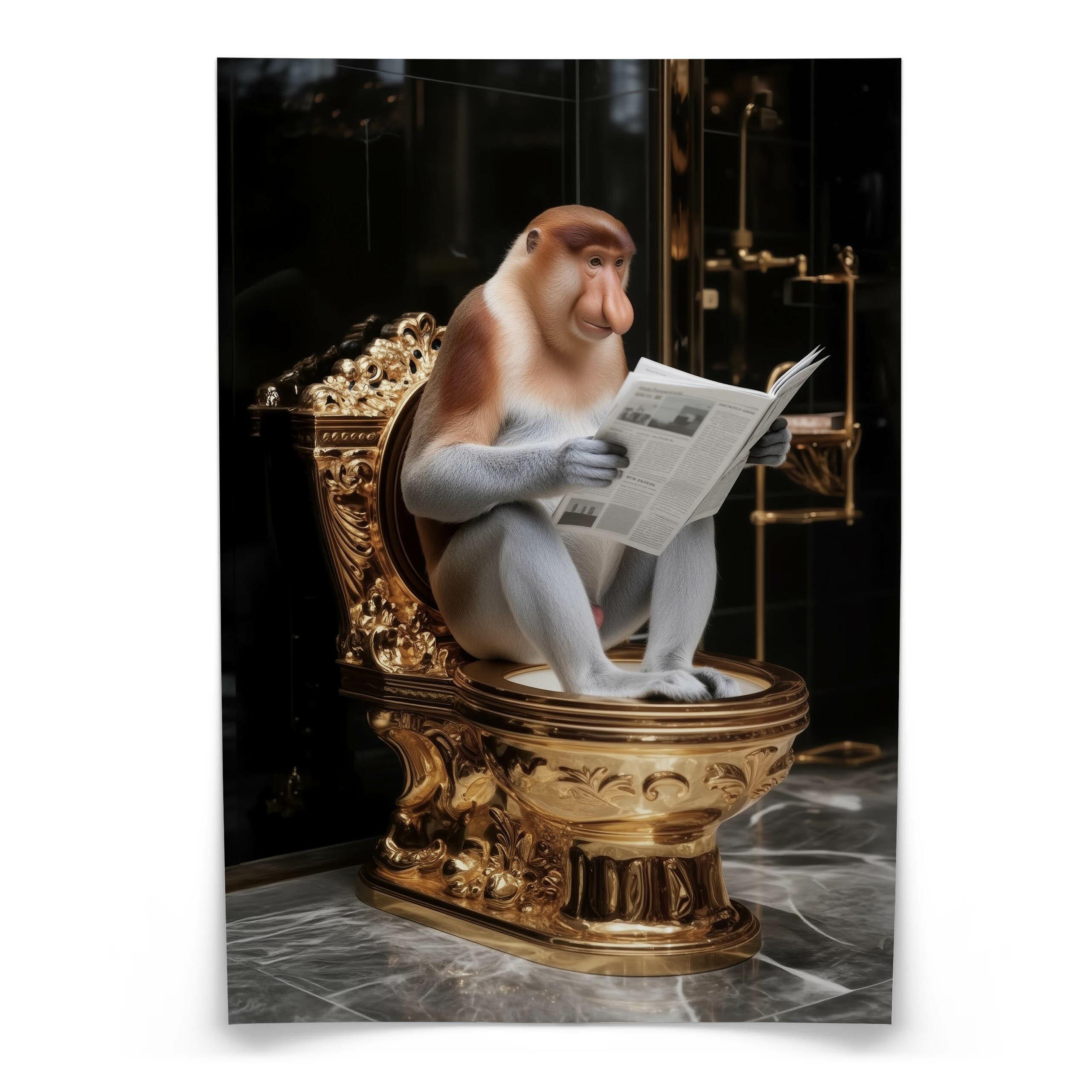 POSTER für WC Badezimmer NASENAFFE mit einer Zeitung Goldene Toilette Abstraktion 50x70cm - Gelb/Schwarz, Papier (50/70/70cm) - Muralo