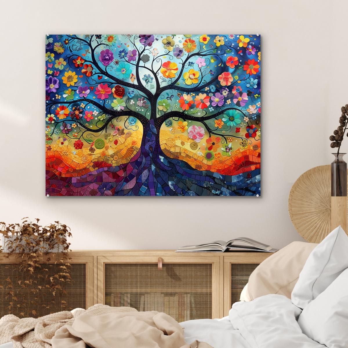 ACRYLGLASBILD Kunst - Baum des Lebens - Blumen - Hippie 80x60 cm - Dunkelblau, Glas (80/60cm) - MuchoWow