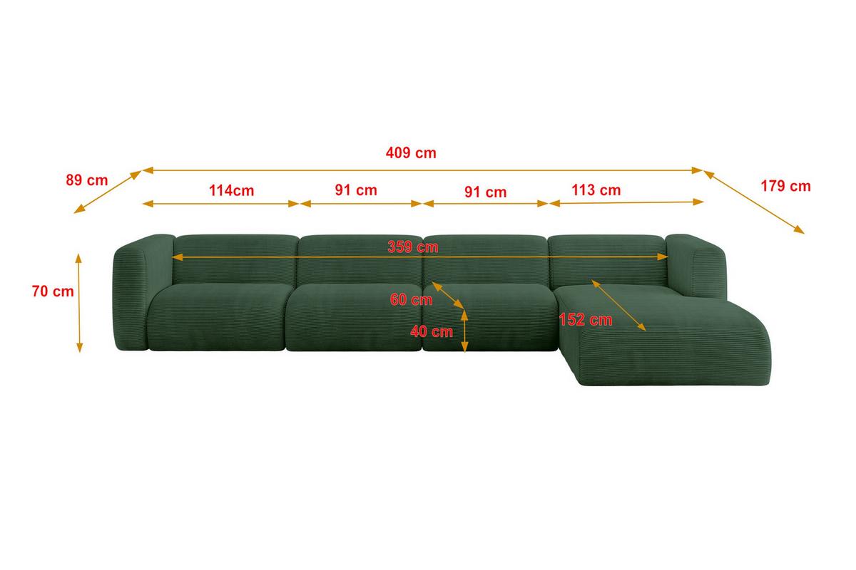 ECKSOFA Ottomane Rechts MIRA-L3 409x179x70 Grün Cord - Salbeigrün/Schwarz, Holzwerkstoff/Kunststoff (409/179cm) - ALTDECOR