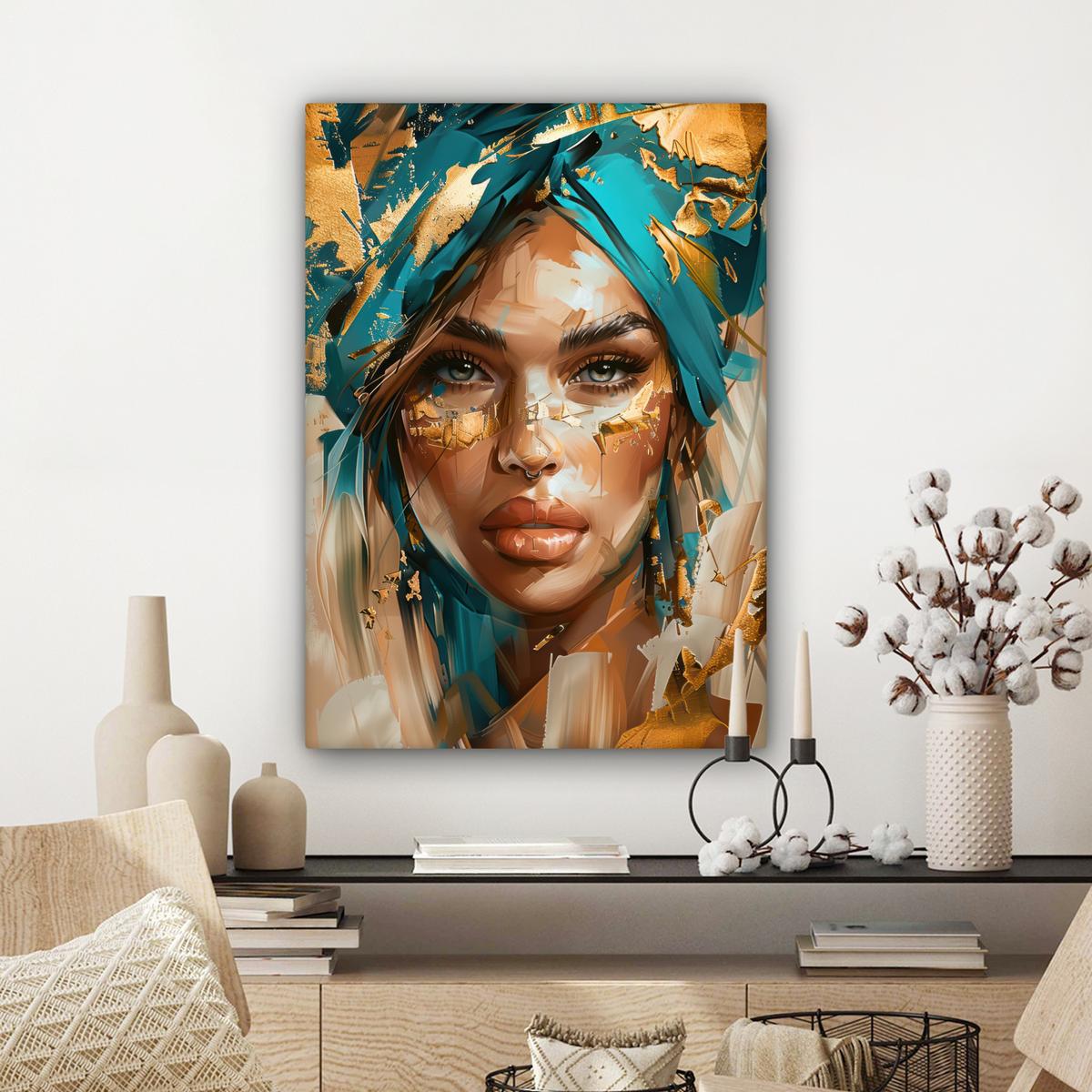 LEINWANDBILD Frau - Porträt - Gold - Luxus - Blau Wandbild Wohnzimmer 60x80 cm - Türkis, Textil (60/80cm) - MuchoWow