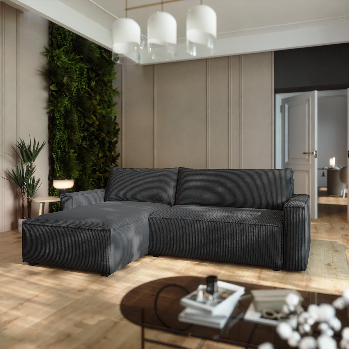 ECKSOFA BESMIR Graphitfarben Kordstoff mit Schlaffunktion - Graphitfarben, Holz (275/148cm) - MASSENO