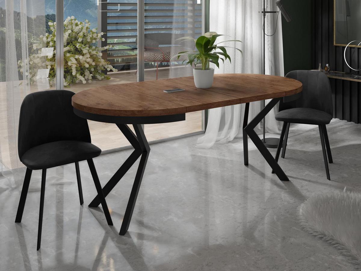 ESSTISCH Ross runder ausziehbarer, Lefkas Eiche 90-170/90/76 cm - Alteiche/Schwarz, Holzwerkstoff/Metall (90/170/76cm) - WFL GROUP
