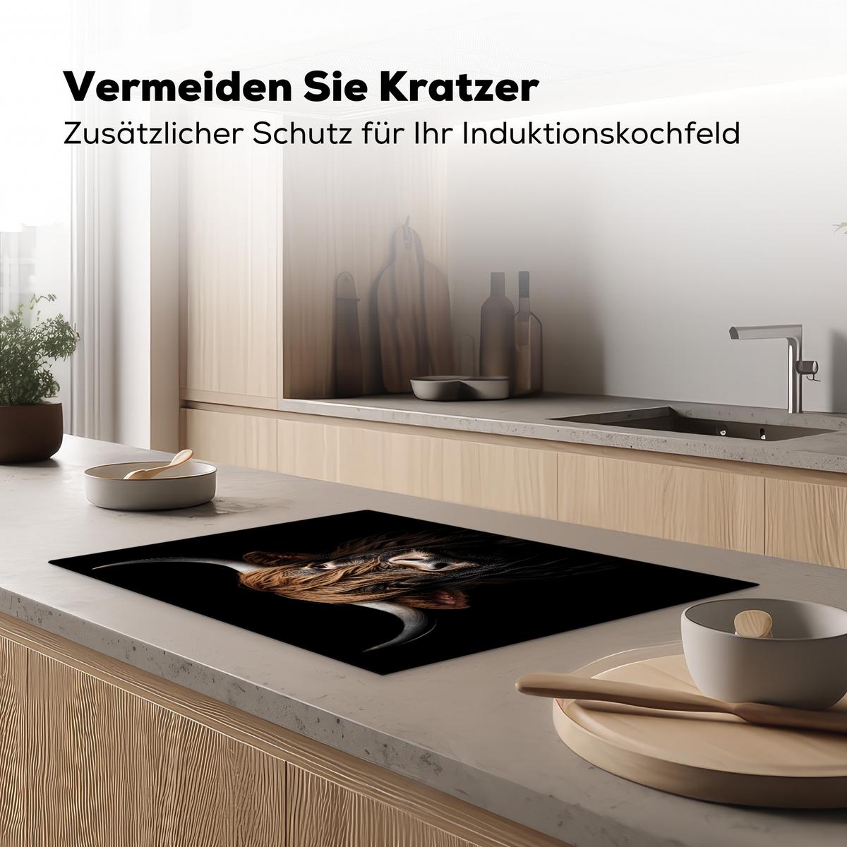 HERDABDECKPLATTE Schottischer Highlander - Porträt - Schwarz - Tier Herdabdeckung Induktionsfeld 75x52 cm - Braun, Kunststoff (75/52/0.2cm) - MuchoWow