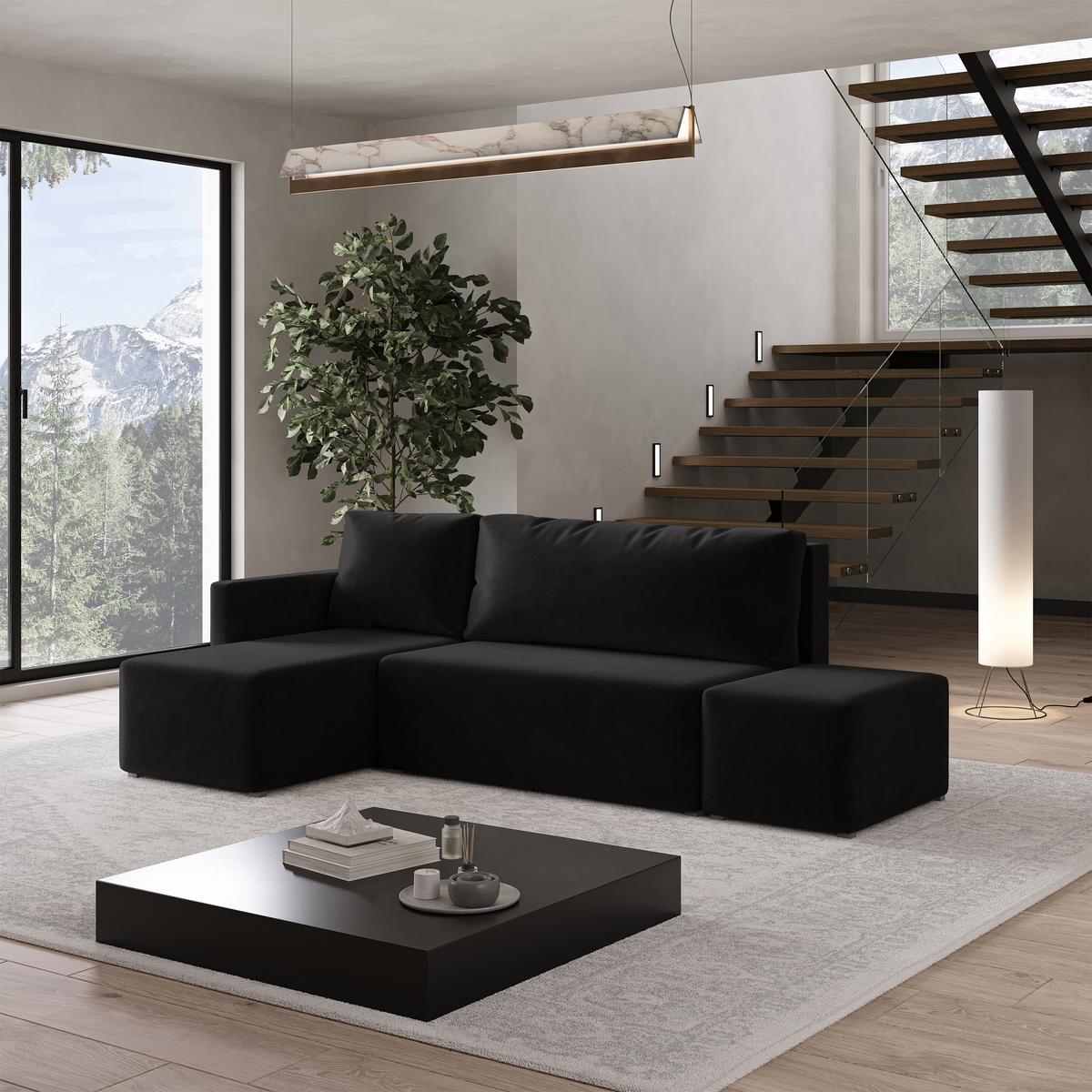 ECKSOFA VELOTTI L-S Schwarz Plüsch-Stoff mit Schlaffunktion - Schwarz, Holz (261/143cm) - MASSENO