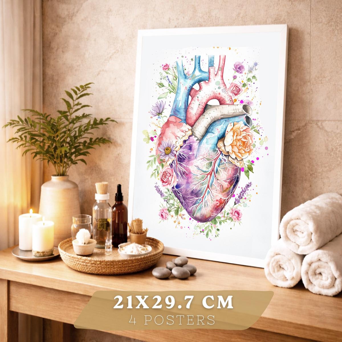 POSTER Set aus 4 Anatomie Mensch Drucke und mit Herz Gehirn Lungen Luftröhre Bronchien Wirbelsäule Florales Aquarell Design Größe Weißer Rahmen A4 - Weiß, Papier (21/29.7/3cm) - Nacnic