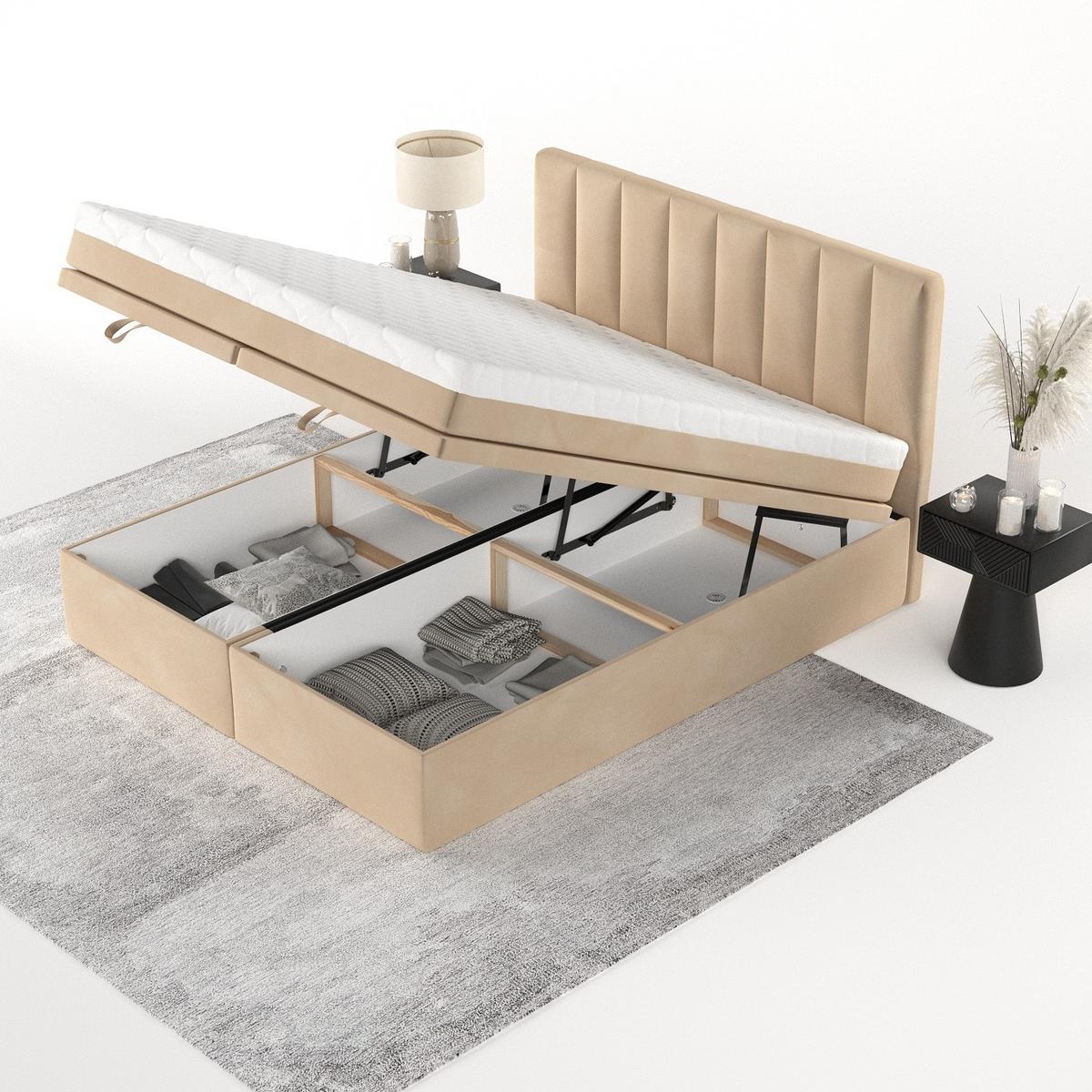 BOXBETT Lume 140/200 cm Beige im Kronos Stoff - Beige/Schwarz, Holz/Holzwerkstoff (140/200cm) - AltaBeds