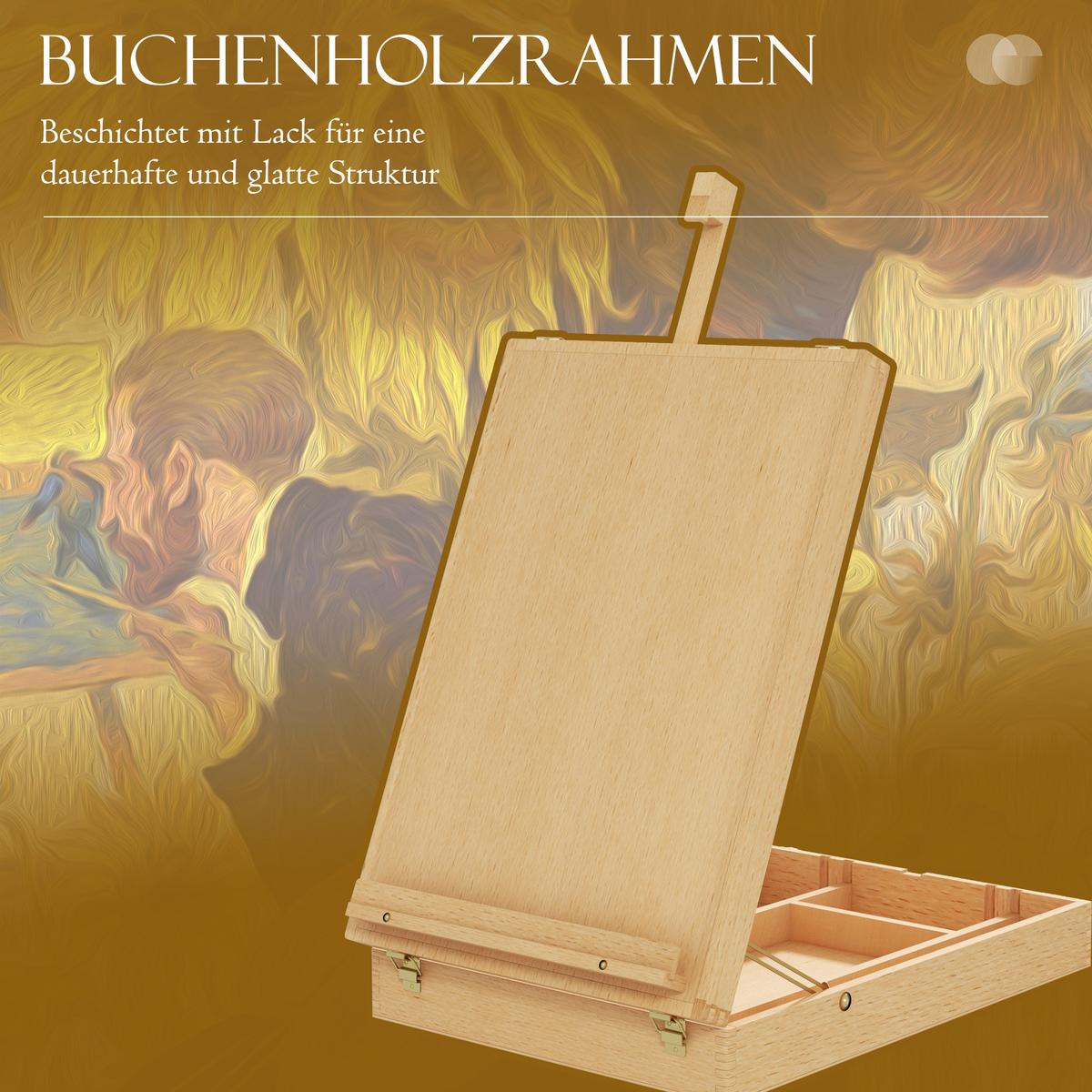 TISCHSTAFFELEI Winkelverstellbare Staffelei mit Griff, Stauraum Buchenholz Natur - Eiche Bianco, Holz (41.5/74.5/27cm) - HOMCOM