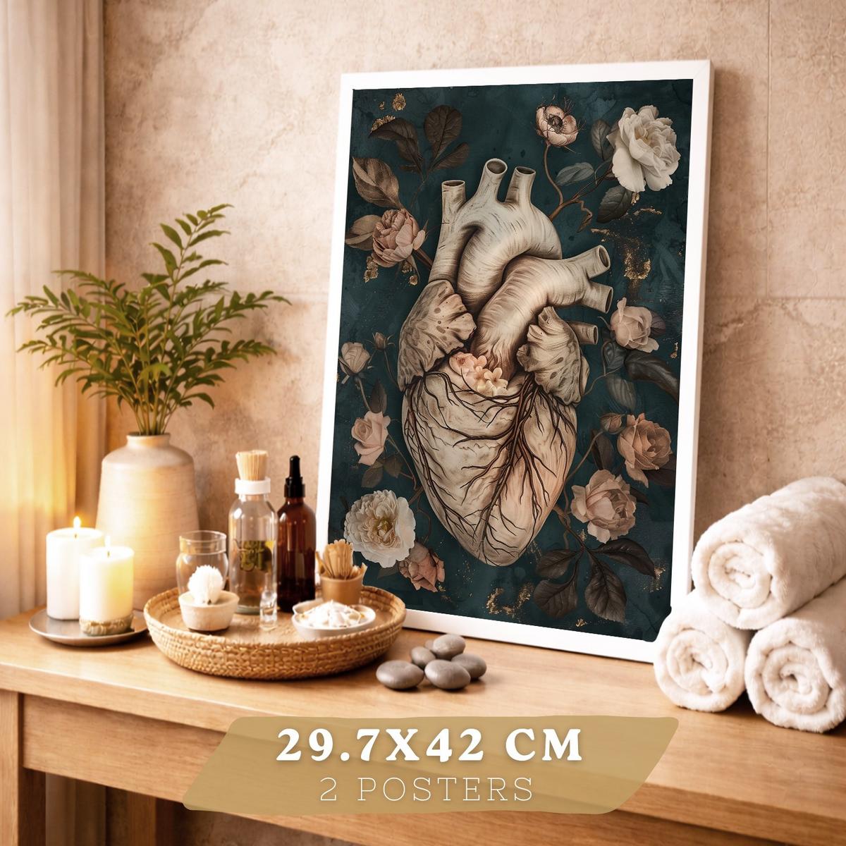POSTER Set aus 2 Anatomie Mensch Drucke und Wandbilder mit Herz und Gehirn Elegante Florale Illustration Grüner Hintergrund Größe Rahmenlos A3 - Klar, Papier (29.7/42/3cm) - Nacnic