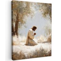 LEINWANDBILD Jesus - Kniend - Waldlandschaft - Betend Wandbild Wohnzimmer 60x80 cm - Beige/Hellblau, Textil (60/80cm) - MuchoWow