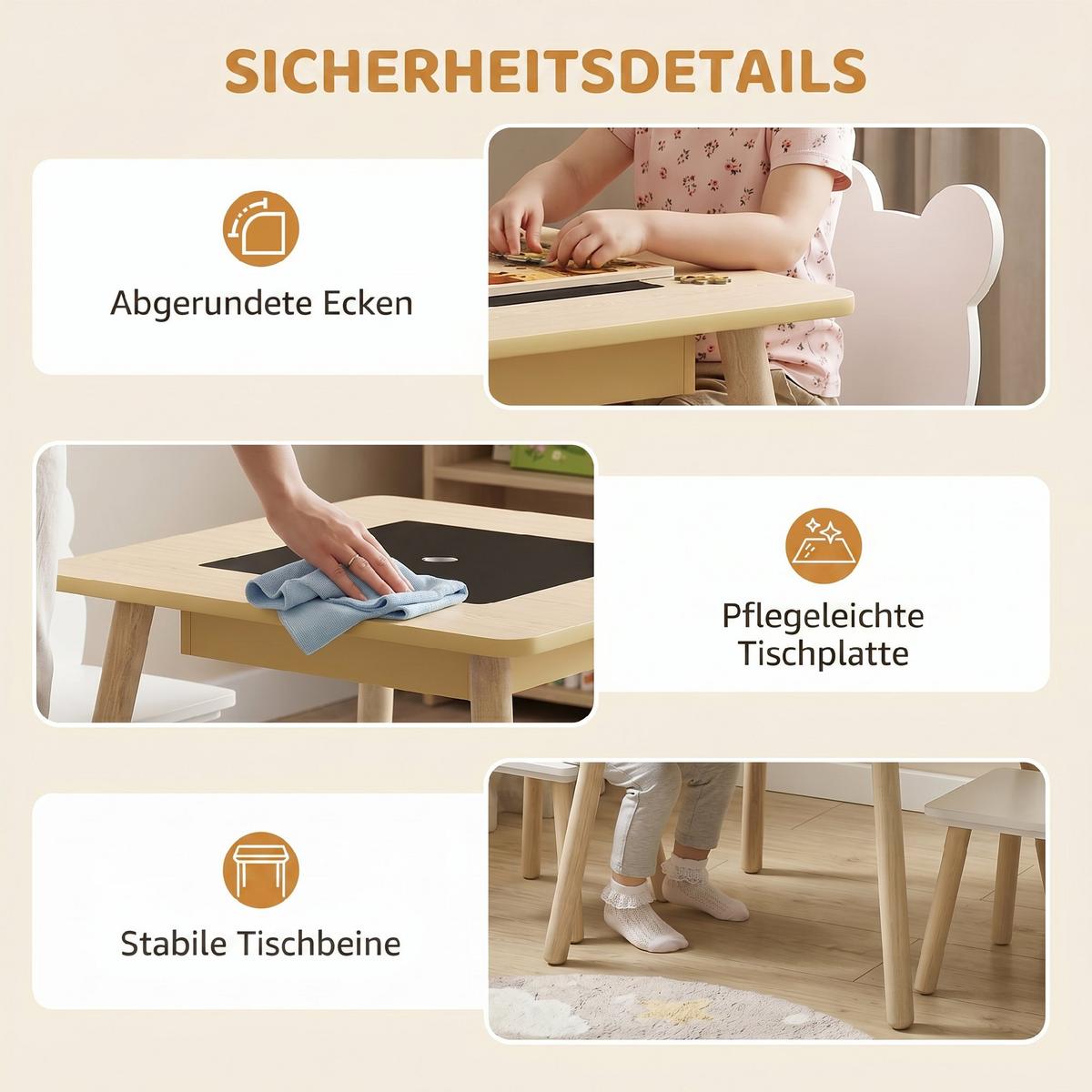 KINDER-TISCH-STUHL-SET 3er Set MDF Naturholz - Weiß/Naturfarben, Holz/Holzwerkstoff (60/44/60cm) - AIYAPLAY