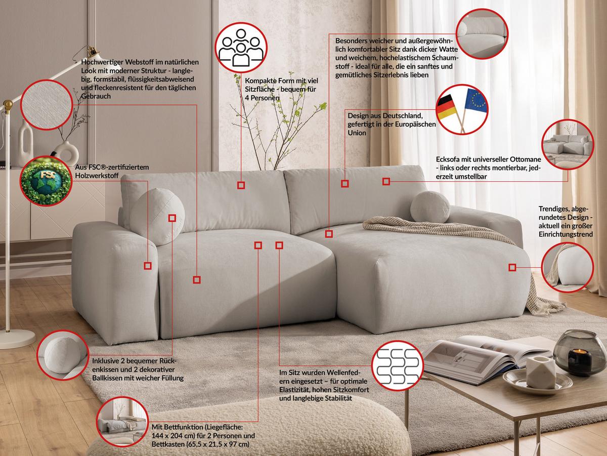 ECKSOFA Puffy mit Schlaffunktion und Bettkasten - besonders weich und puffig aus Beige Webstoff - Ottomane rechts - Beige/Schwarz, Holz/Kunststoff (266/138cm) - S-Style Möbel