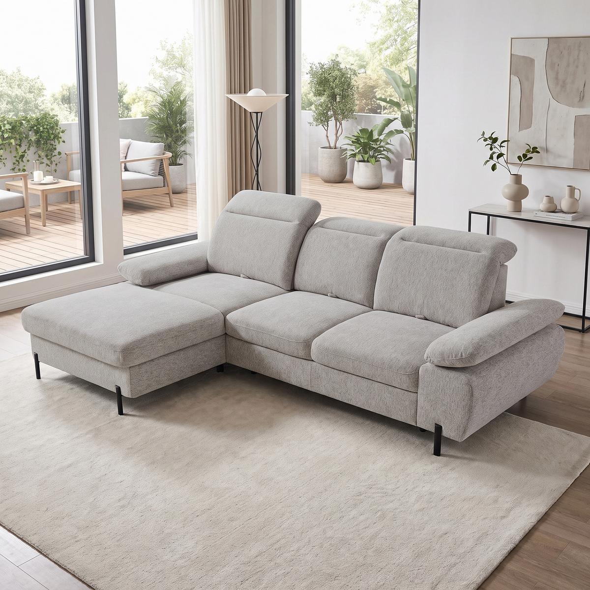 ECKSCHLAFSOFA Sora Mini mit verstellbaren Kopfstützen und Schlaffunktion, Chenille-Stoff, Dunkelbeige, Links - Beige/Schwarz, Textil (285/190cm) - Beautysofa