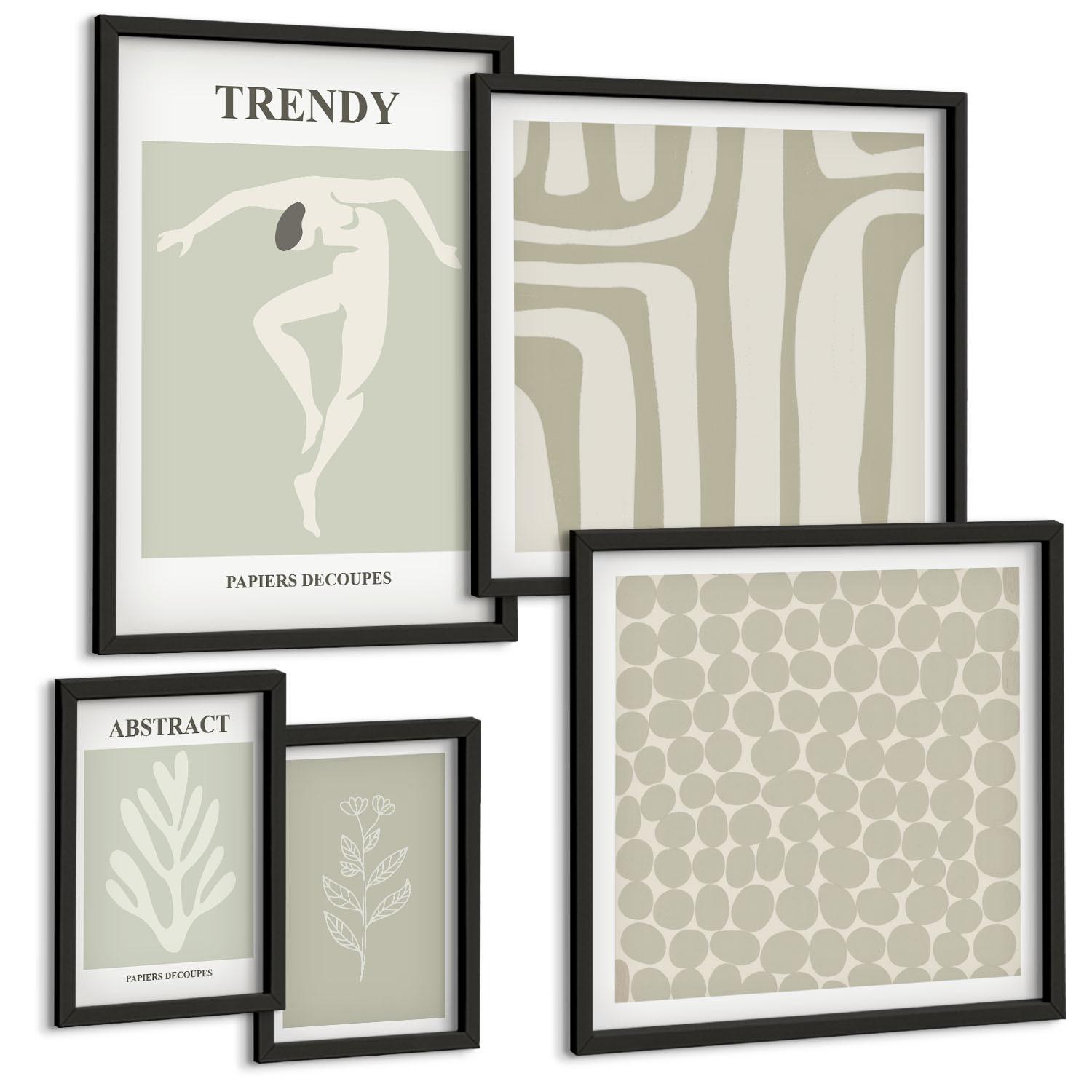BILDER SET 5er Set - 50x50 cm & 20x30 cm & 40x60 cm Schwarzer Rahmen - Pflanzen- und geometrische Muster - Schwarz, Kunststoff (40/60cm) - TULUP